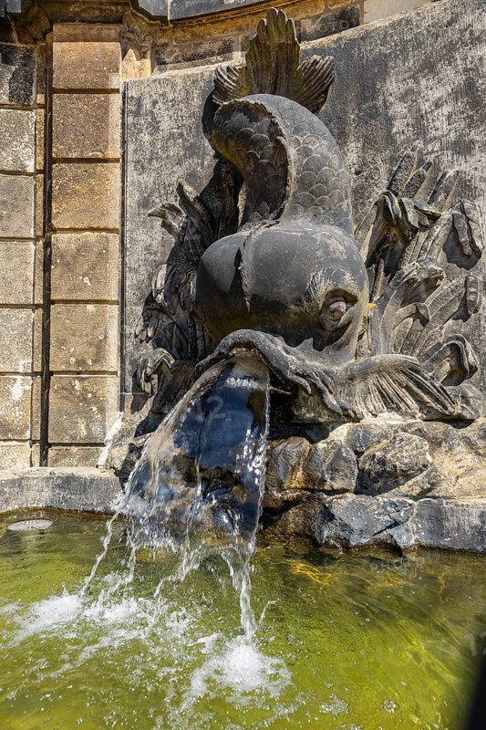 The Grosssedlitz Baroque Garden with the Friedrich Palace is located on a hill on the left bank of the Elbe to the south-east of Dresden in Grosssedlitz, which belongs to the town of Heidenau in the Free State of Saxony. Dolphin fountain at the park entrance, Großsedlitz Baroque Garden, Heidenau, Saxony, Germany, Europe