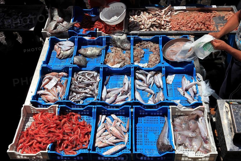 Fresh fish at the historic Catania fish market, Catania, Sicily, Italy, Europe