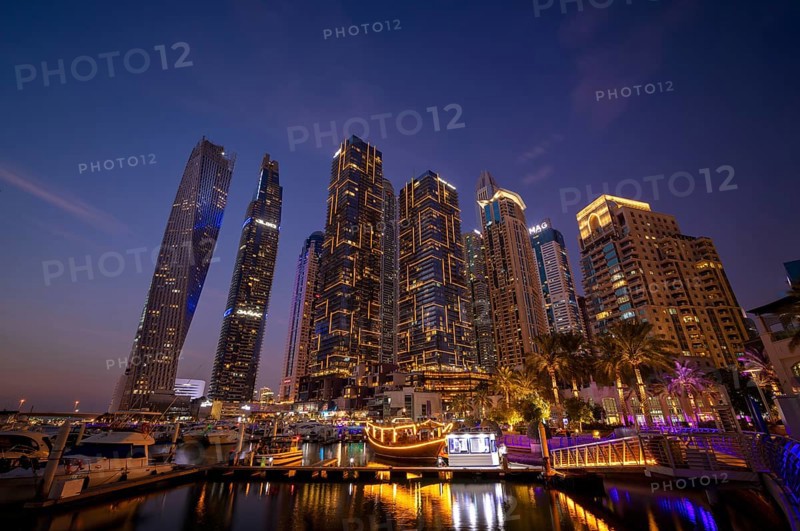 Night shot, Marina, Skyline, Cayan Tower, DAMAC Heights, Logo, Dubai Marina, Dubai, United Arab Emirates, VAR, Asia