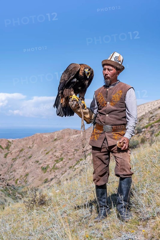 Traditional Kyrgyz eagle hunter with eagle in the mountains, near Kysyl-Suu, Kyrgyzstan, Asia