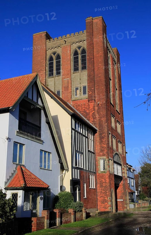 Eccentric mock Tudor architecture of water tower and houses, Thorpeness, Suffolk, England, UK