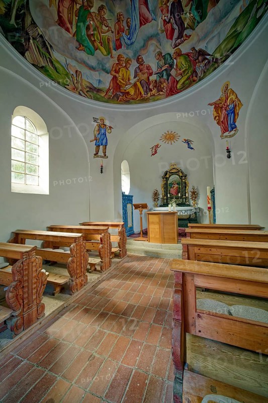 Lake chapel Maria am See, interior view, Obernberger See, mountain lake, landscape of the Stubai Alps, Obernberg am Brenner, Tyrol, Austria, Europe