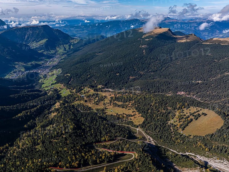 The Val d'Anna valley, behind the village of Ortisei in Val Gardena, drone shot, Val Gardena, Dolomites, Autonomous Province of Bolzano, South Tyrol, Italy, Europe