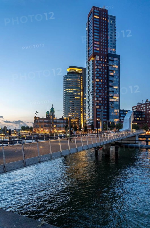 High-rise buildings at Kop van Zuid, at the Rijnhaven harbour basin, Rijnhavenbrug, bridge, Hotel New York, Rotterdam, Netherlands