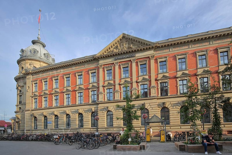 Historic building of the Sparkasse, former main post office, people, bicycles, car park, market place, Constance, Obersee, Lake Constance, Lake Constance area, Baden-Württemberg, Germany, Europe