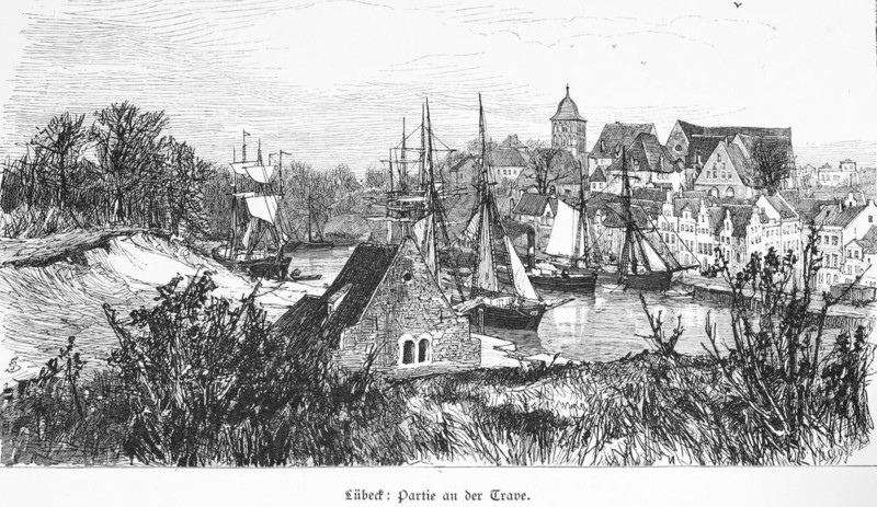 Hanseatic city of Lübeck on the Trave, cityscape, sailing ships, harbour, embankment, church tower, Schleswig-Holstein, Germany, historical illustration 1880, Europe