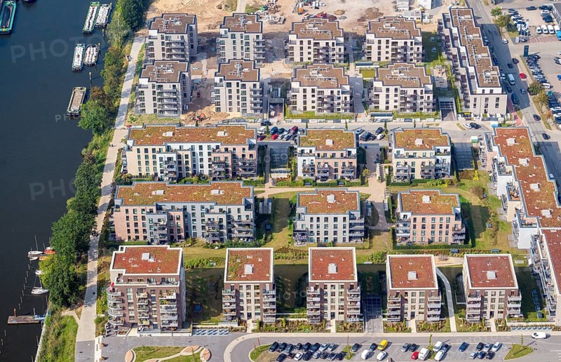 Aerial view, Hafencity Geesthacht, residential building, apartment block, multi-family house, Geesthacht, Schleswig-Holstein, Germany, Europe