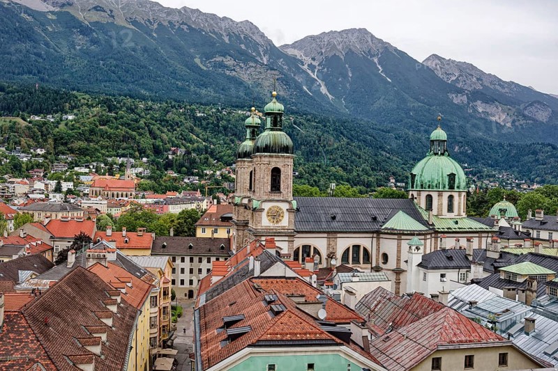 View of the old town with St Jakob's Cathedral from the Innsbruck City Tower, Innsbruck, Tyrol, Austria, Europe