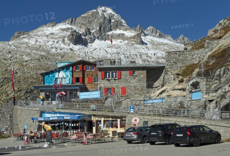 Entrance to the ice grotto in the Rhone Glacier, Furka Pass, Belvédère, Obergoms, Valais, Switzerland, Europe