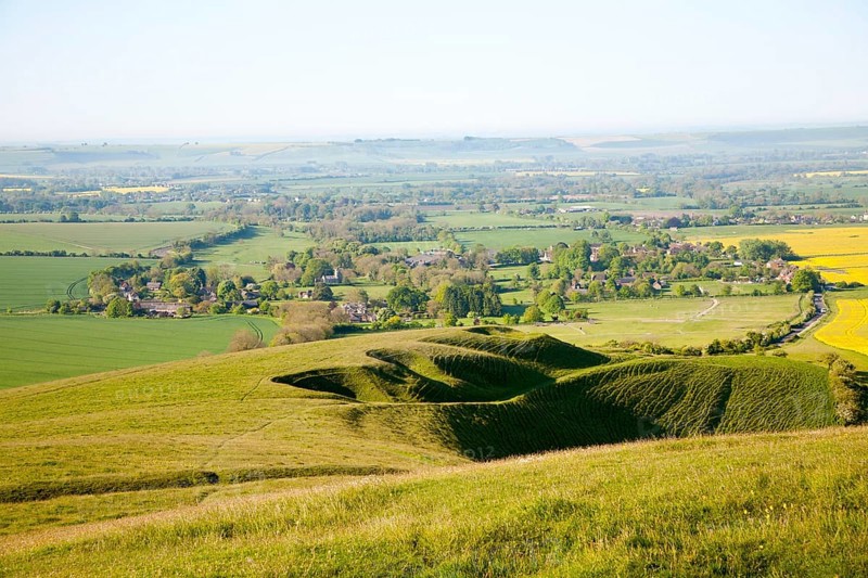 View over Pewsey Vale from chalk scarp slope of Milk Hill, Alton Barnes and Alton Priors, Wiltshire, England, United Kingdom, Europe