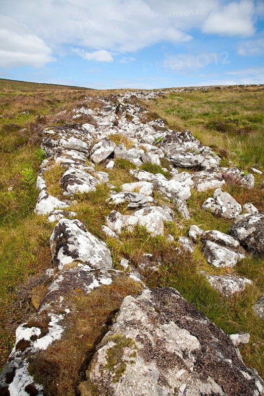 Stone walls of the late Bronze age enclosed settlement site of Grimspound, Dartmoor national park, Postbridge, Devon, England, UK
