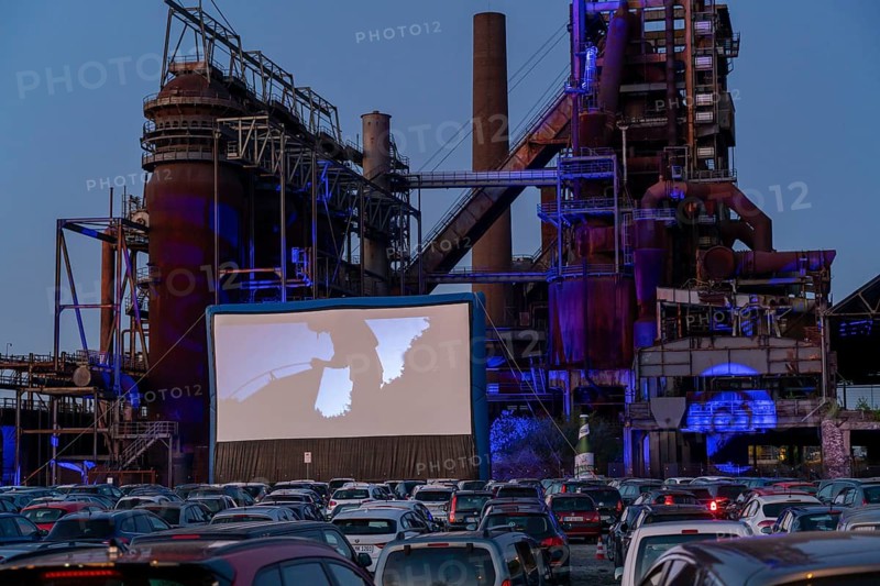 Drive-in cinema Dortmund, against the backdrop of the former blast furnace plant Phönix-West in Dortmund-Hörde, temporary film screening, event in compliance with contact restrictions, effects of the corona crisis in Germany
