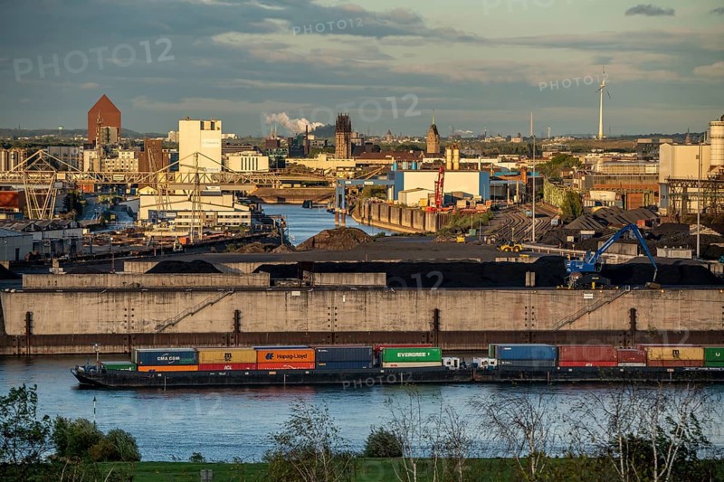 Duisburg harbours, Rheinkai Nord, outer harbour, behind the city centre with inner harbour, archive tower of the State Archive of North Rhine-Westphalia, on the Rhine, Duisburg, North Rhine-Westphalia, Germany, Europe