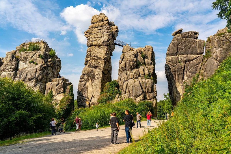 The Externsteine, a sandstone rock formation, in the Teutoburg Forest, near Horn-Bad Meinberg, Lippe district, North Rhine-Westphalia, Germany, Europe
