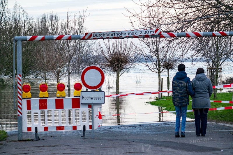 Flood on the Rhine, flooded banks of the Rhine, old ferry landing stage, Rhine meadows, near Xanten, Bislicher Insel, Lower Rhine, North Rhine-Westphalia, Germany, Europe