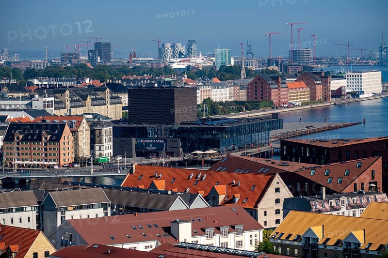 Panoramic view over Copenhagen, in front the Skuespilhuset theatre, shore of Larsens Plads, museums and office buildings, in the back the district Nordhavn, construction sites, new building district, Denmark, Europe