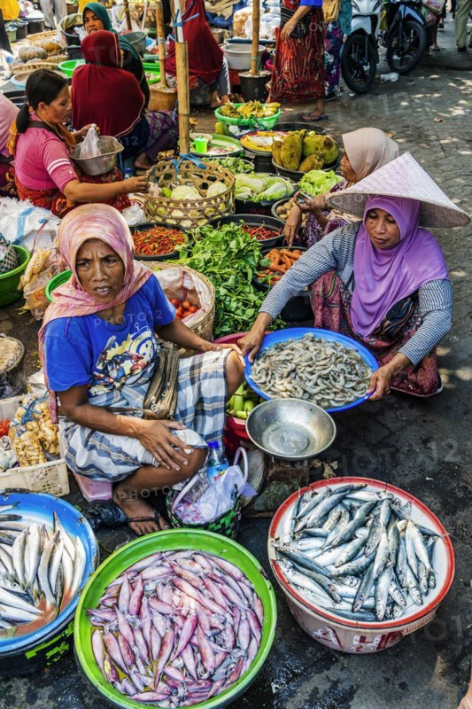 Traditional authentic food market, vendor, woman, fruit, vegetable, fish, fresh, food, nutrition, sale, trade, bazaar, authentic, disease vector, food law, food control, stall, Asian, vegetable market, local, hygiene, virus, tradition, traditional, health, marketplace, market hall, tropical, travel, tourism, culture, poverty, presentation, cleanliness, person, Muslim, Islam, Lombok, Indonesia, Asia