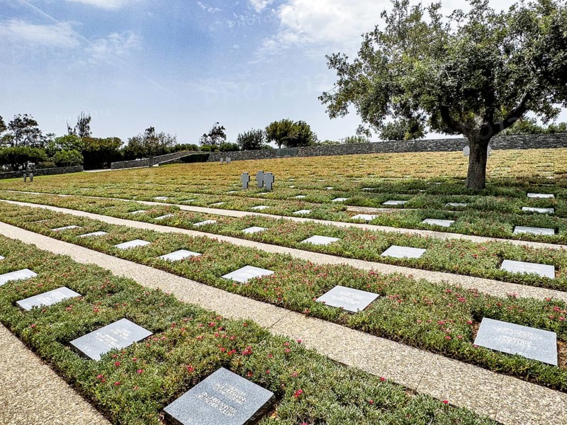 Part of a German military cemetery inaugurated in 1974 by the German War Graves Commission on a former battlefield in World War II, heavily contested hill at altitude 107, in the foreground below the grave of an unknown soldier, Maleme, Crete, Greece, Europe