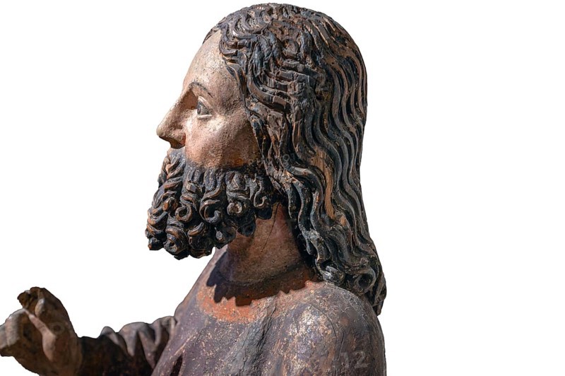 Head of Jesus, around 1470, on a white background, only the body of Jesus remains of the palm donkey, Strigel Museum, Martin-Luther-Platz 1, Memmingen, Swabia, Bavaria