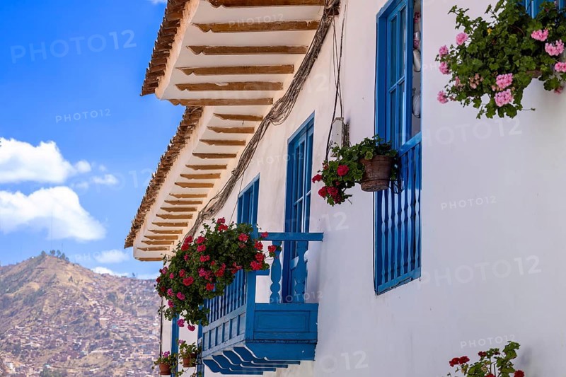 Peru, Cusco, historic colorful colonial buildings and architecture of San Blas district of artisans, South America