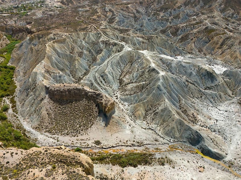 Rugged rocks and valleys in a dry, hot landscape, aerial view, Tabernas desert, Desierto de Tabernas, Tabernas, Almeria, Andalusia, Spain, Europe