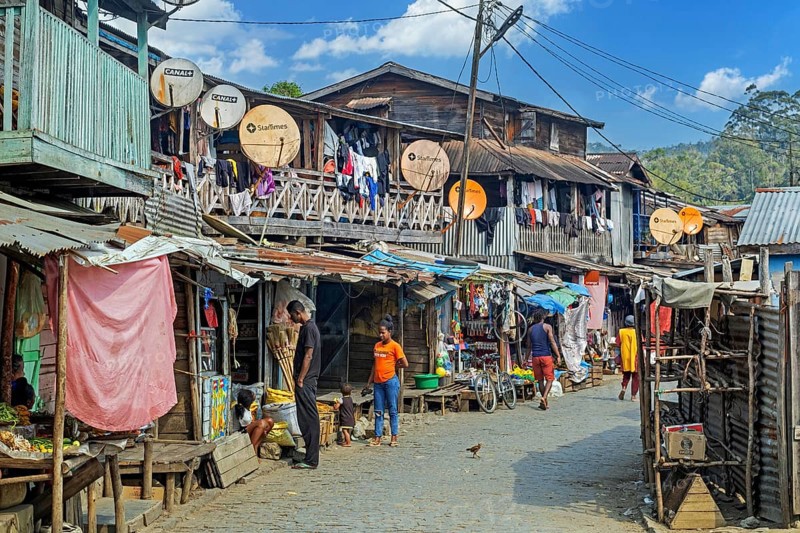 Street with shops and wooden houses in the town Andasibe Gara, Moramanga district, Alaotra-Mangoro Region, Eastern Madagascar