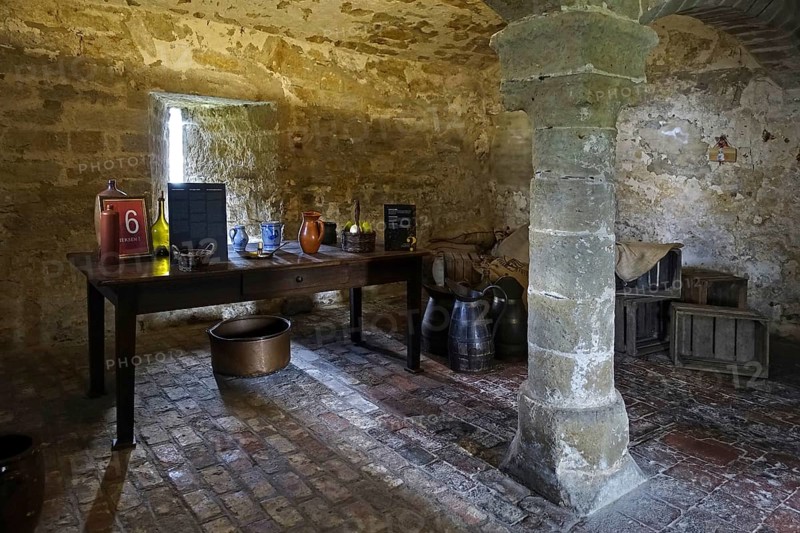 Kasteel van Laarne, interior showing storage cellar inside 14th century medieval moated castle near Ghent, East Flanders, Belgium, Europe