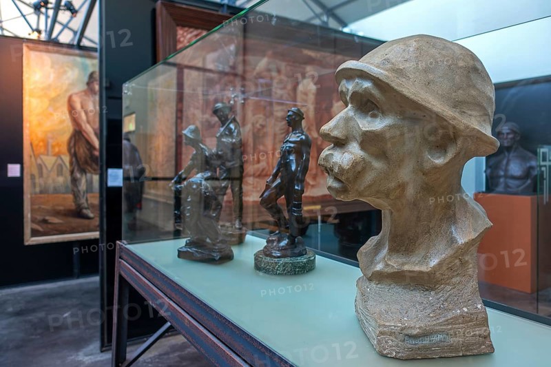 Coal miners' art, sculptures and paintings at Le Bois du Cazier coal mine museum, Marcinelle near Charleroi, province of Hainaut, Belgium, Europe
