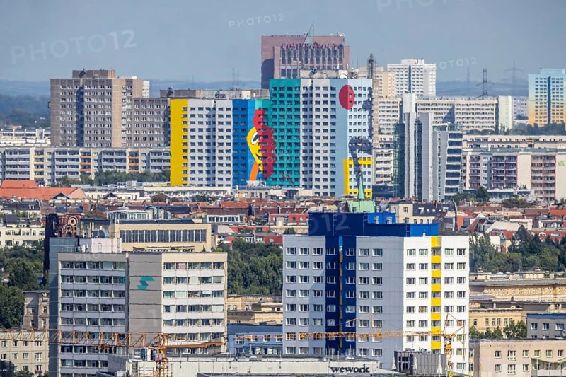 East Berlin with prefabricated buildings. View from the panorama point Kollhoff-Tower at Potsdamer Platz, city view. Berlin, Germany, Europe
