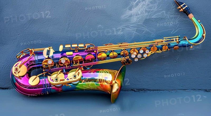 A colorful saxophone is displayed on a wall, AI generated