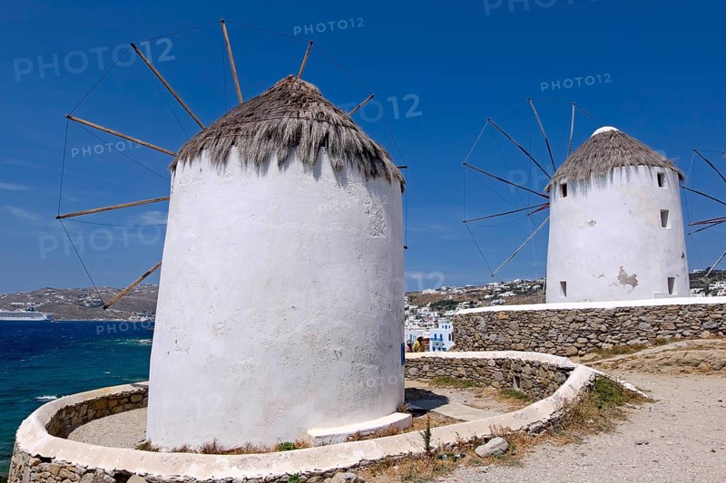 The windmills, the landmark of Mykonos, Cyclades, Greece, Europe