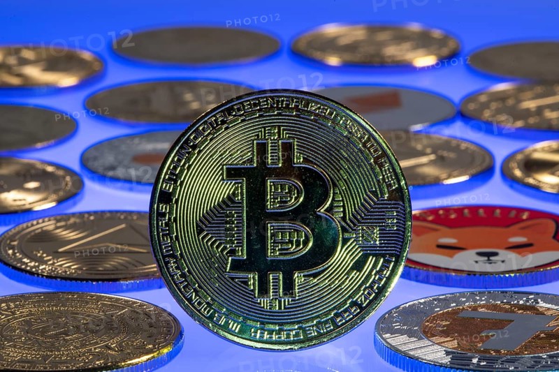 Bitcoin and various cryptocurrencies, symbol coins, optical placeholder for the digital currency, blockchain, Ripple, Ethereum, Shiba Inu, Eos, Litecoin, Monero, Stellar, Adalevea, Qtum blockchain, Tron, Maya