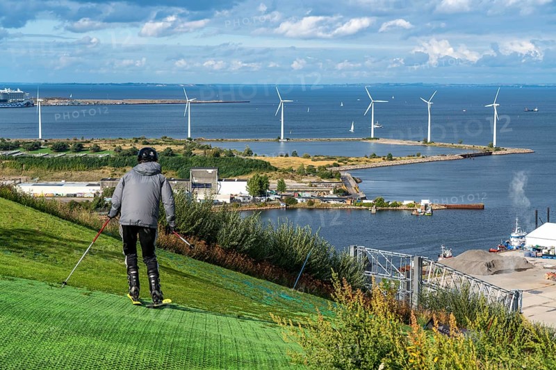 CopenHill, waste incineration plant and artificial ski slope, skiing with a view of the Øresund, 90 metres high and 400 metres long slope on artificial turf, Copenhagen, Denmark, Europe