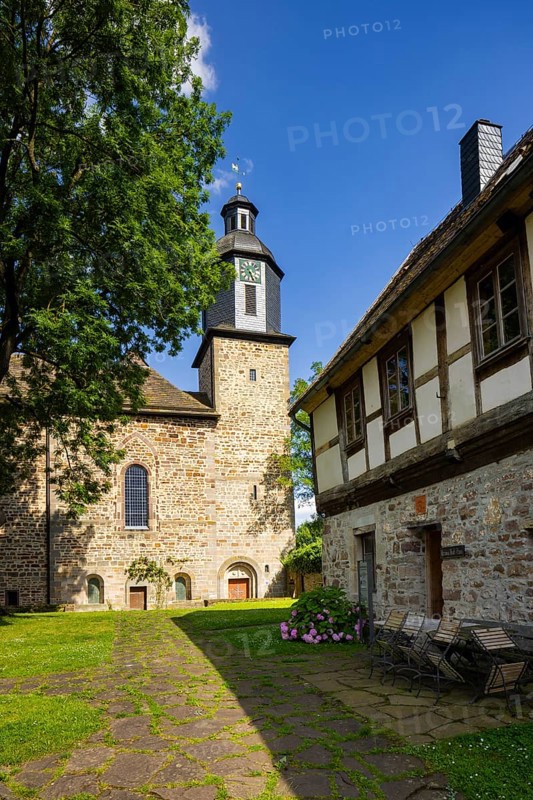 The Lippoldsberg Convent with the Church of St George and St Mary is a former Benedictine convent, which was the origin of the village of Lippoldsberg on the Weser in northern Hesse. The roofs are covered with sandstone slabs. Monastery complex from the west, Lippoldsberg, Lippoldsberg, Hesse, Germany, Europe