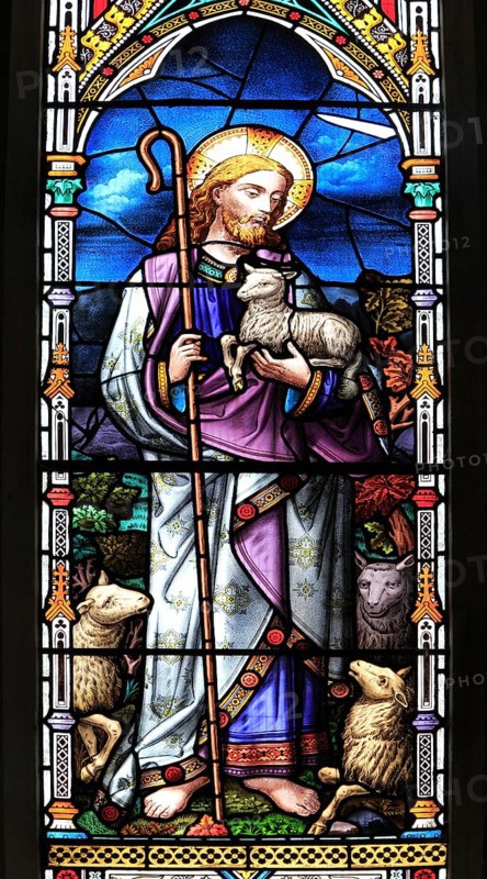 The Good Shepherd stained glass window, Church of All Saints, Sudbourne, Suffolk, England, UK