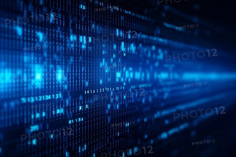 Blue dynamic digital data streams, showcasing flowing lines of code in a mesmerizing pattern, ideal for representing advanced computing, cybersecurity, and the intricate world of programming, AI generated