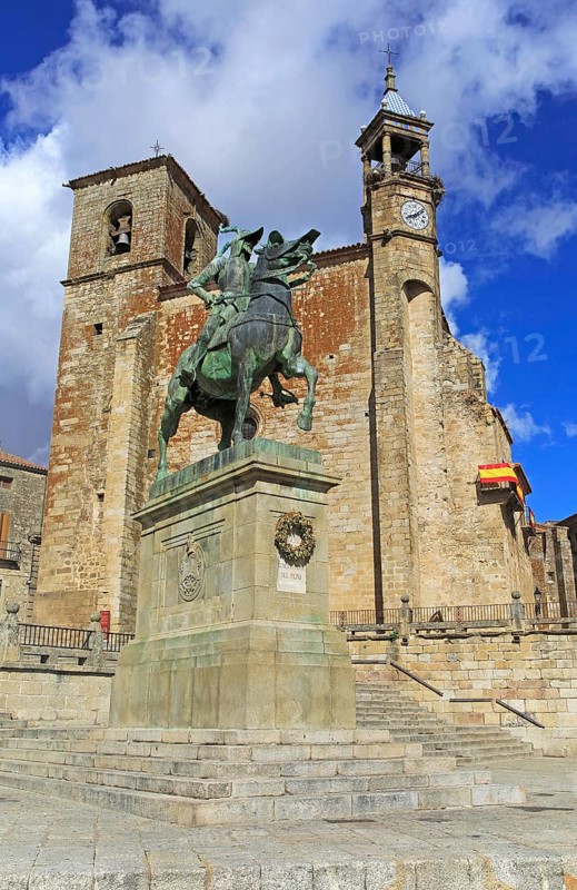Iglesia de San Martin church and Pizarro statue in historic medieval town of Trujillo, Caceres province, Extremadura, Spain, Europe