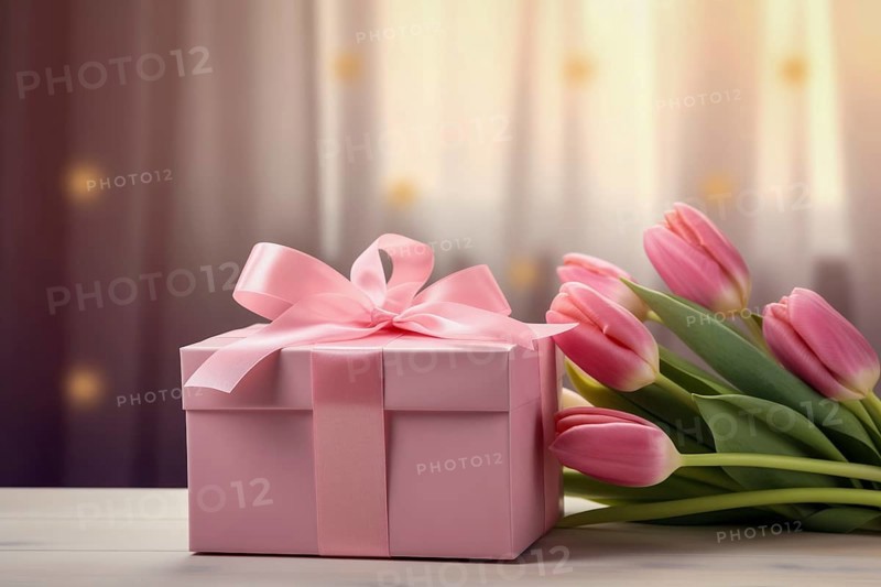 Gift Box with Pink Ribbon Beside bouquet of Fresh Tulips on Bokeh Background. Good for Valentine day, March 8, mother day, spring holidays, birthday designs, AI generated