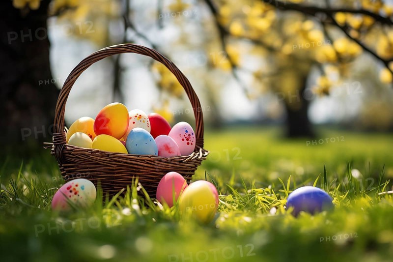 Painted Easter eggs nestled in a basket, surrounded by the lush greenery of spring and bathed in warm sunlight in forest park on grass. The festive spirit of Easter and the joy of nature, AI generated