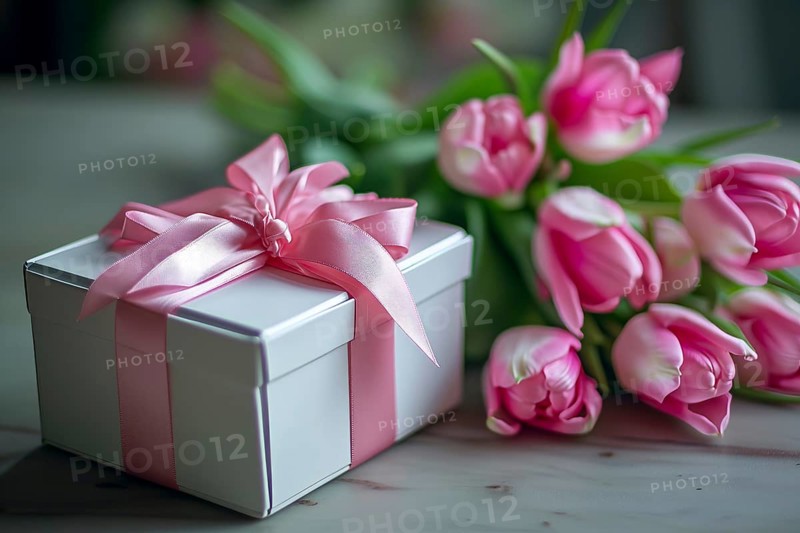 Gift Box with Pink Ribbon Beside bouquet of Fresh Tulips. Background for Valentine day, March 8, mother day, spring holidays, birthday, AI generated