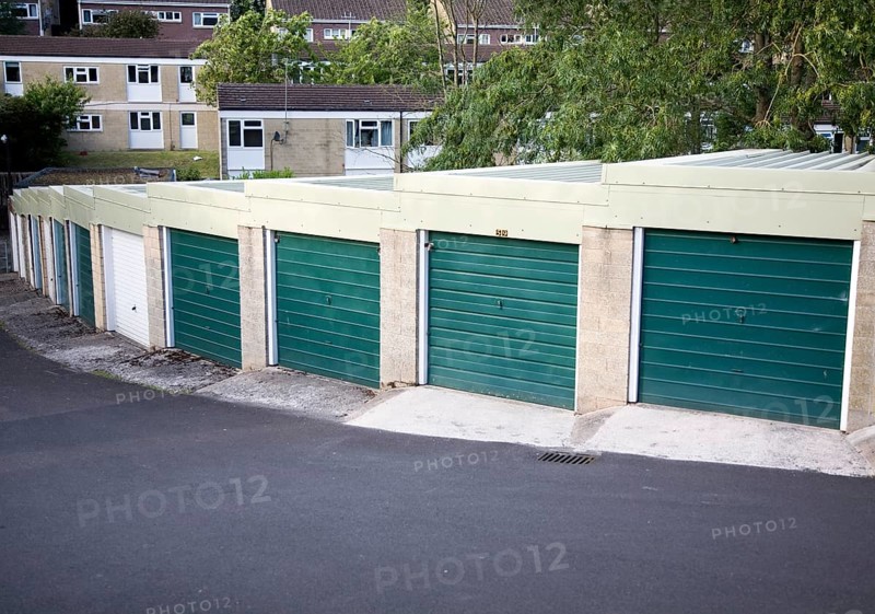 Suburban terraced housing and garages dating from 1970s, Bath, Somerset, England, United Kingdom, Europe