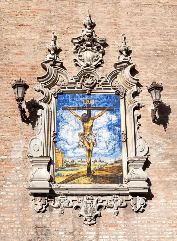 Ceramic tiles used in historic picture of crucifixion of Jesus Christ in Triana, Seville, Spain, Europe