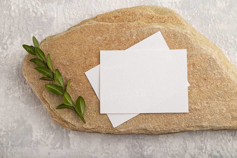 White paper business card, mockup with natural stone and boxwood branch on gray concrete background. Blank, flat lay, top view, still life, canvas, copy space