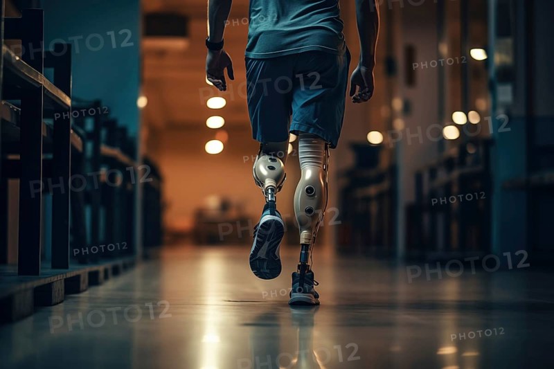 Amputee sportsman walking in corridor with bionic prosthetic legs prosthesis with robotic technology. Advancements in medical science and engineering, determination, strength, progress of the disabled, AI generated
