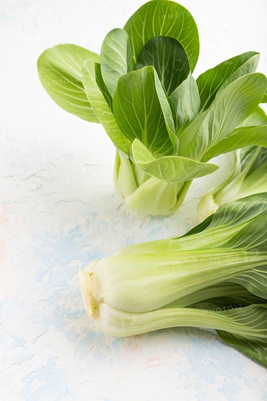 Fresh green bok choy or pac choi chinese cabbage on a white concrete background. Side view, close up
