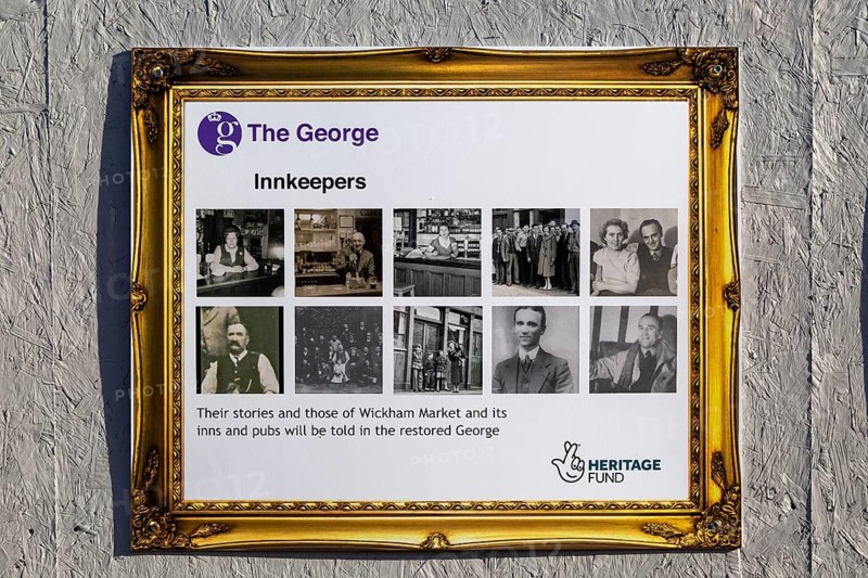 Heritage Fund information about rebuilding the The George pub, Wickham Market, Suffolk, England, UK, Innkeepers