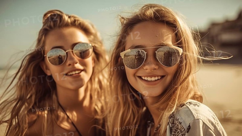 Two young girlfriends posing wearing sunglasses having fun on the beach, generatvie AI, AI generated
