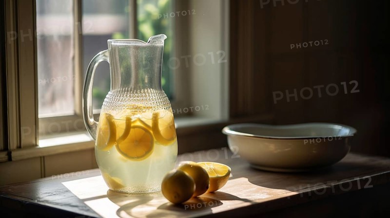 Tranquil country kitchen counter with a pitcher of fresh lemonade, generative AI, AI generated