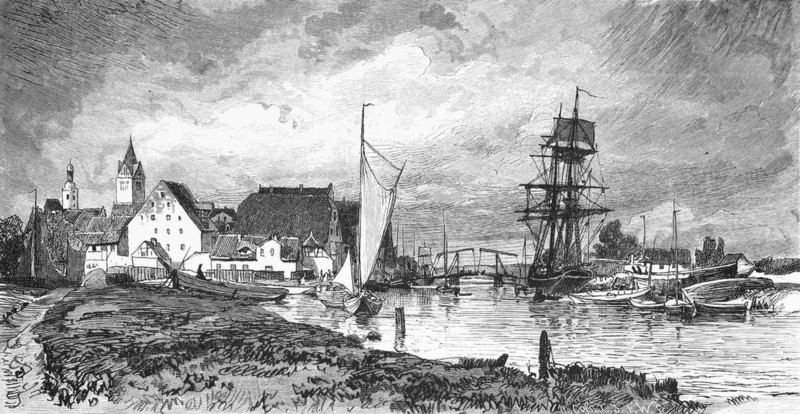 Hanseatic city of Anklam on the Peene, Baltic Sea, Mecklenburg-Western Pomerania, Germany, cityscape, harbour, church, drawbridge, two-master, riverbank, historical illustration 1880, Europe
