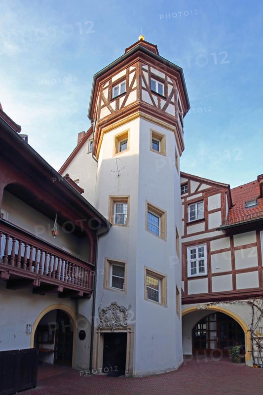 Inner courtyard with tower of the parish centre of St. Gumbertus Church, Ansbach, Middle Franconia, Franconia, Bavaria, Germany, Europe